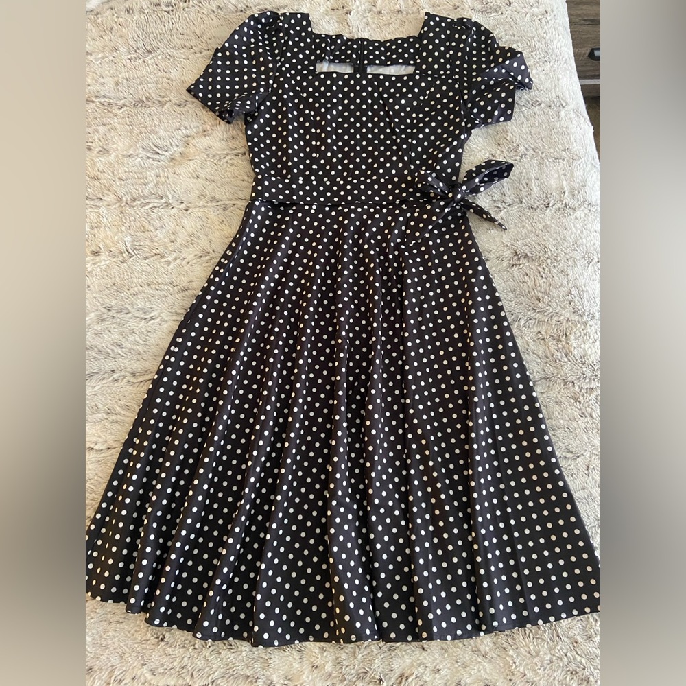 50s style black polka dot dress for women size medium.